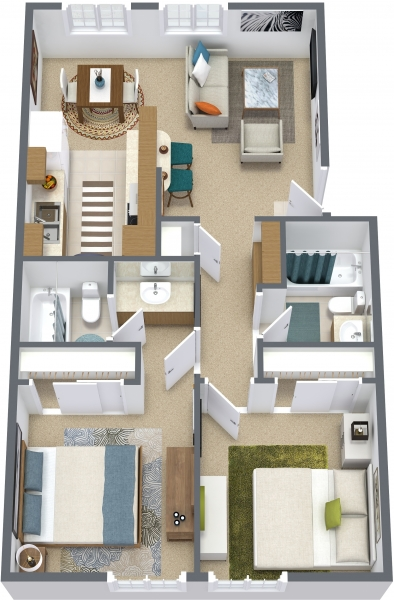 Floor plan for 2 beds, 2 baths, 880 sqft